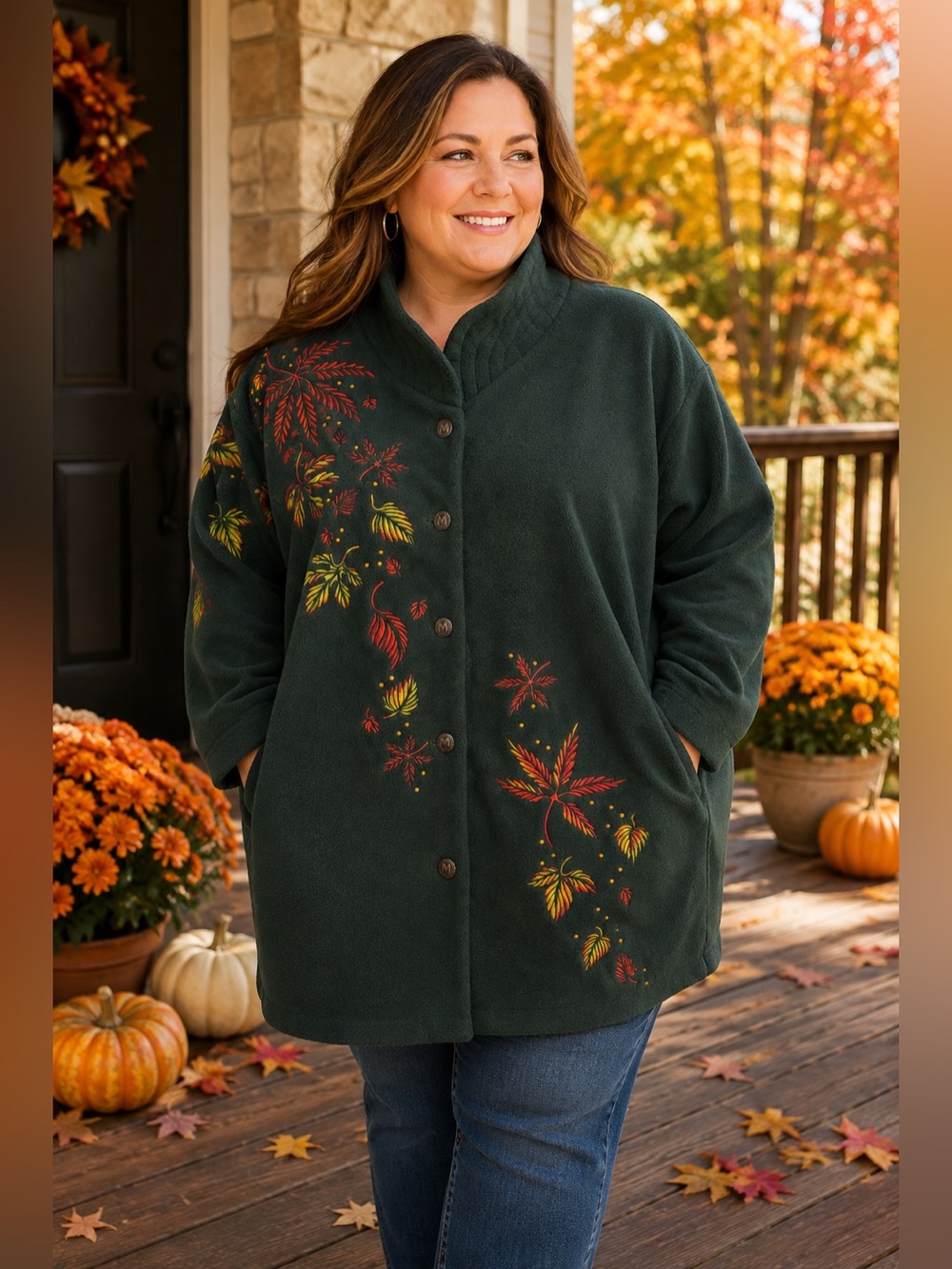 Bob Mackie Dark Green Fall Leaves Embroidered Fleece Button-Up Sweater Jacket 2X